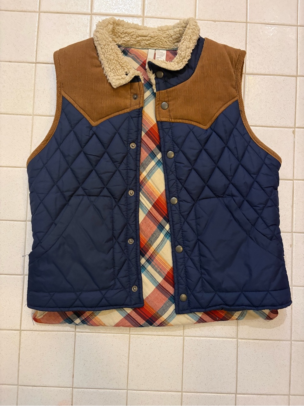 Women’s  Quilted Navy and Brown Sherpa Vest